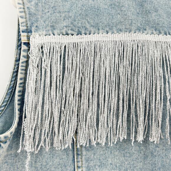 Womens Western Cowgirl Fringe Pocket Button Up Cropped Denim Vest‎ Jacket Large - Picture 5 of 6